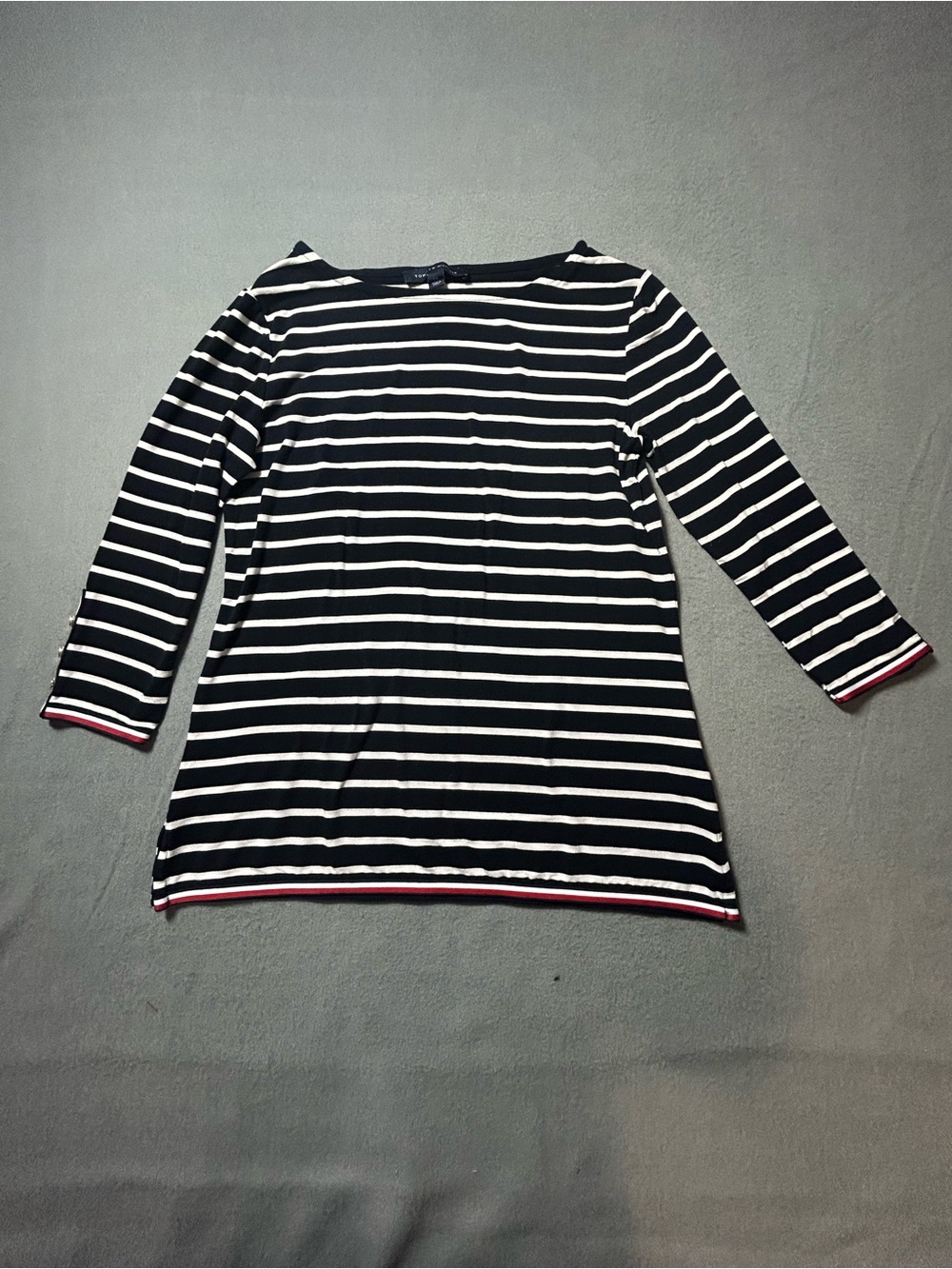 Tommy Hilfiger Navy and White Striped Top with Subtle Red Logo